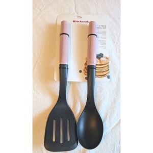 KitchenAid 2 Piece Tool Set Slotted Turner Basting Spoon Pink Black